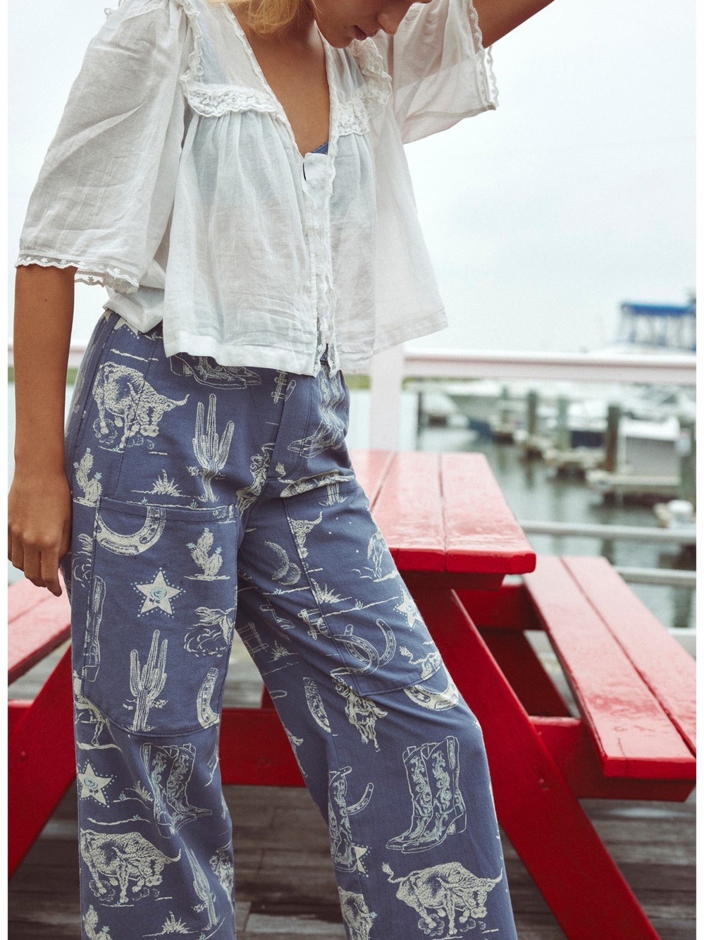 Free People Seaside Pull-On Pants Blue Western Print Cotton Size Medium - Picture 10 of 16